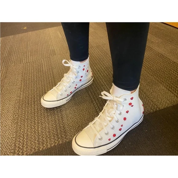 Converse Chuck Taylor ALL STAR White High-Tops with Red Heart & Roses Accents - Picture 5 of 15